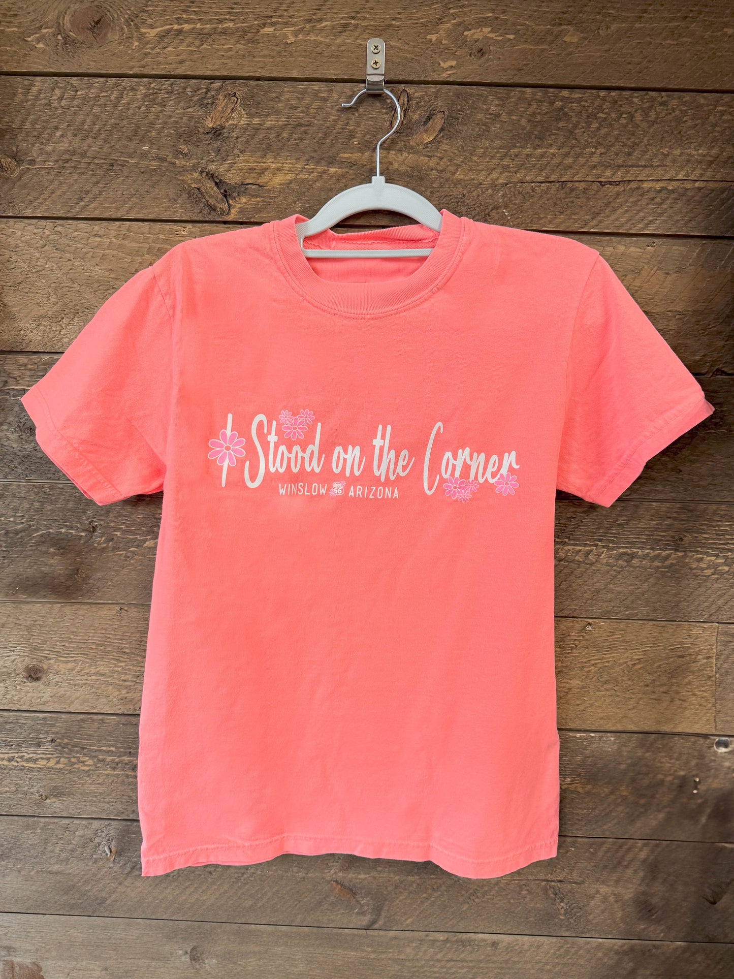 Stood on the Corner Flower Tee - Neon Coral