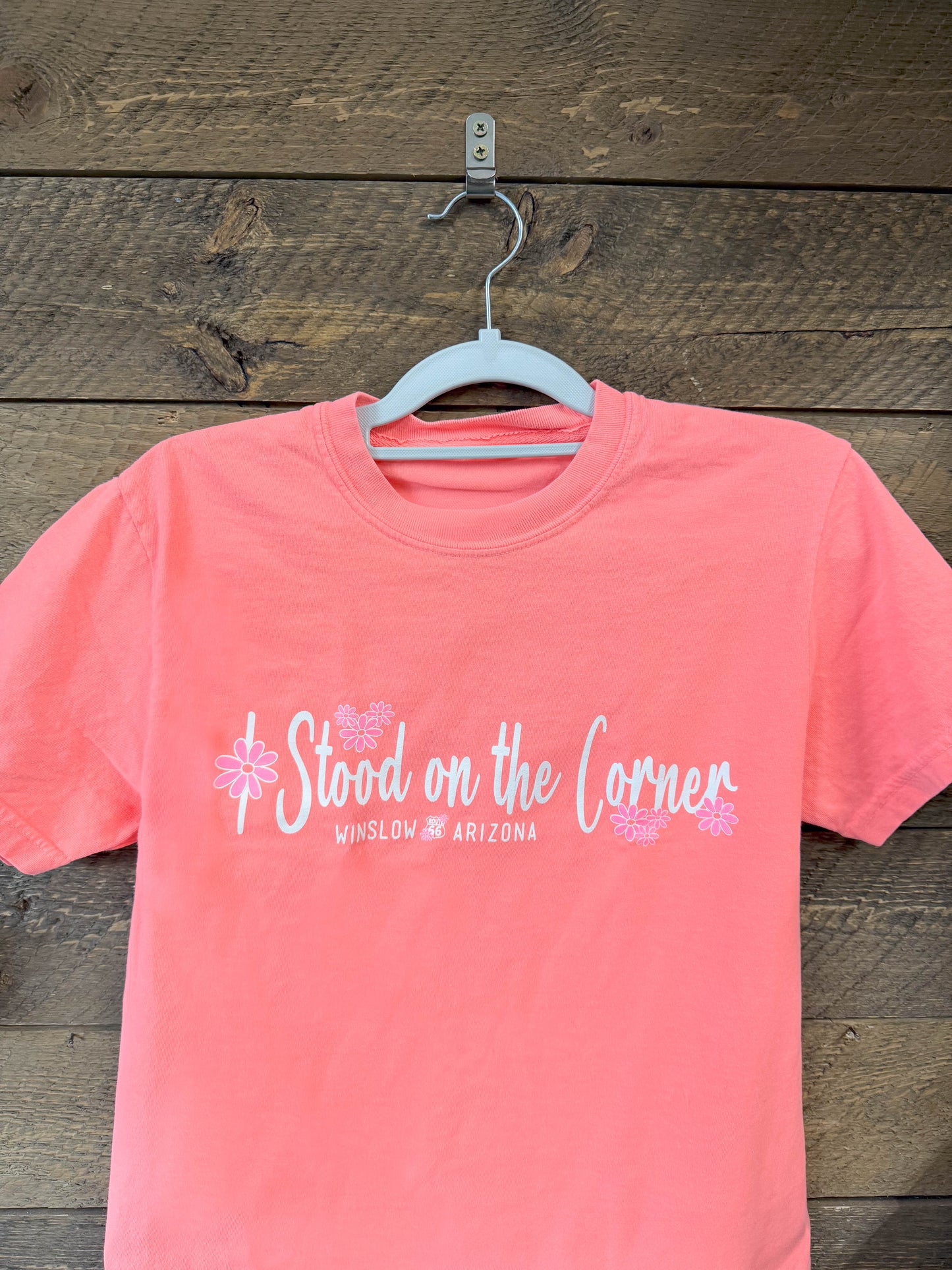 Stood on the Corner Flower Tee - Neon Coral