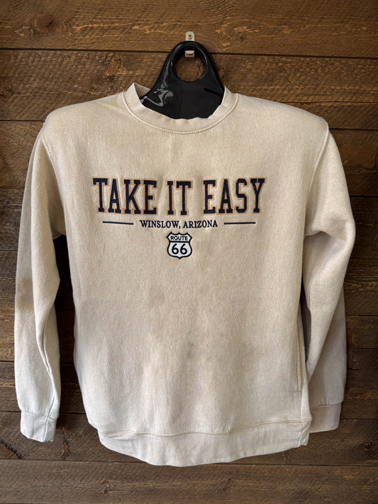 Take it Easy Pocketed Crewneck Sweatshirt - Beige